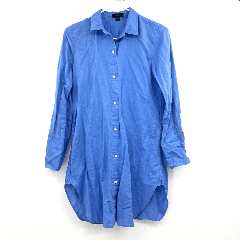 J.Crew Blue Linen Cotton Button Down Tunic Length Shirt Women's XS